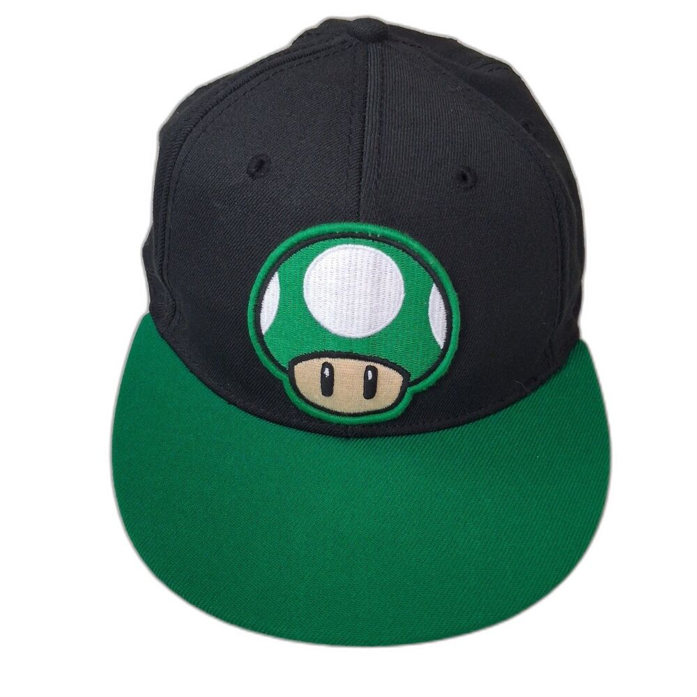 Nintendo Super Mario 1UP Mushroom Hat Cap Tek Flex Black Green Flat Bill 2011